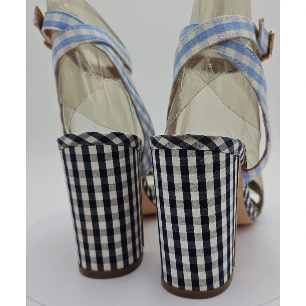 River Island‎ Lt & Dk Blue Gingham Strappy Sandal 4 inch Heels Womens Sz 7 *EUC*